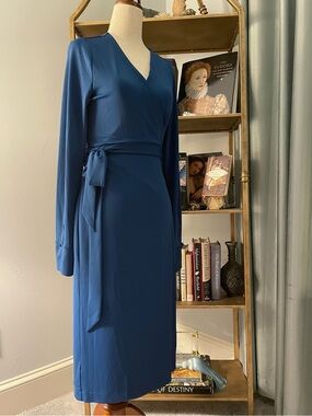 Ann Taylor Blue Wrap Midi Dress Size 6 Tie Waist Long Sleeve Work Office Small